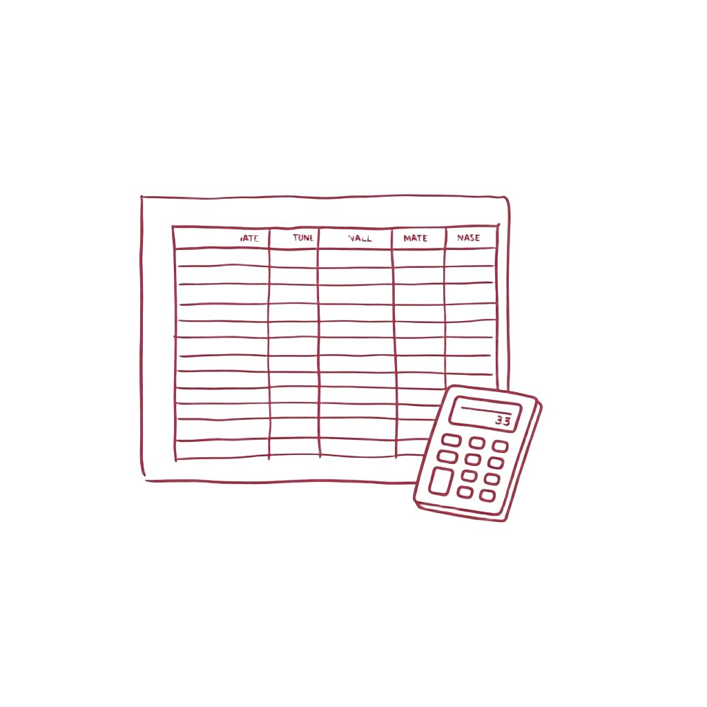 Ilustração em traço fino de uma planilha ao lado de uma calculadora.